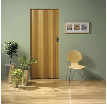 Raumszene mit Falttür aus Holz, Stuhl und Pflanzen