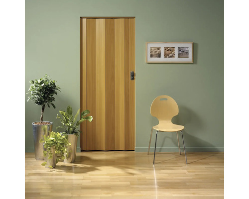 Raumszene mit Falttür aus Holz, Stuhl und Pflanzen