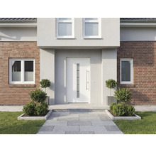 Hausfassade mit Haustür, Fenstern und gepflastertem Eingangsbereich