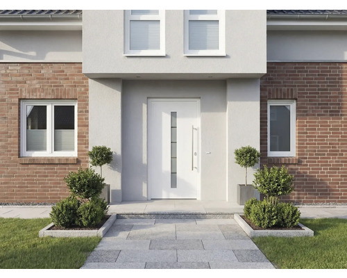 Hausfassade mit Haustür, Fenstern und gepflastertem Eingangsbereich