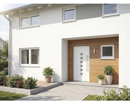 Hausfassade mit Haustür, Fenstern und Bepflanzung