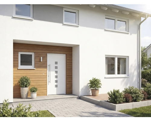 Modernes Haus mit Haustür, Fenstern und Außenbereich