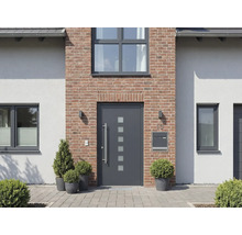 Fassade eines Hauses mit Haustür, Fenstern und Bepflanzung