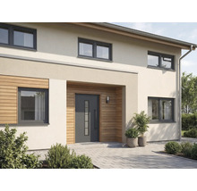 Hausfassade mit Haustür, Fenstern und Außenbereich