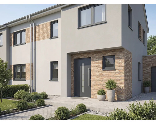 Modernes Haus mit grauer Haustür, Fenstern und Fassade mit Ziegelsteinelementen