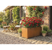 Gartenszene mit einem rechteckigen Pflanzkasten aus Metall, bepflanzt mit roten Rosen, und einer Sitzgruppe mit Tisch und Stühlen auf einer Terrasse vor einem Haus.