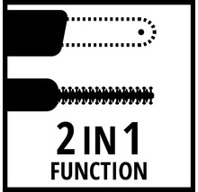 Symbol für 2-in-1 Funktion: Kettensäge und Heckenschere