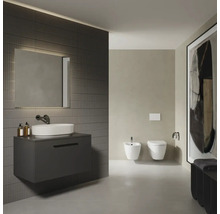 Modernes Badezimmer mit grauem Waschtischunterschrank, weißem Aufsatzwaschbecken, beleuchtetem Spiegel, wandhängendem WC und Bidet.