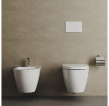 Wand-Bidet und Wand-WC in einem modernen Badezimmer mit Betätigungsplatte und Toilettenpapierhalter.