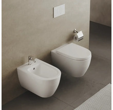 Wandhängendes WC und Bidet Set aus Keramik in einem minimalistisch gestalteten Badezimmer.