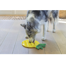 Ein Hund frisst aus einem interaktiven Futterspielzeug in Ananasform.