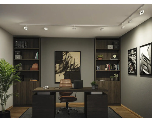 Modernes, organisiertes Arbeitszimmer mit weißem Schienensystem an der Decke, dunklem Schreibtisch, Lederstuhl und hohen Regalen.