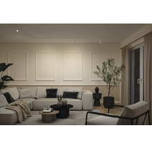 Modernes Wohnzimmer mit großem Ecksofa, dekorativen Wandpaneelen, Schienensystem-Beleuchtung und Zimmerpflanze. Neutrale Farben und warme Beleuchtung.