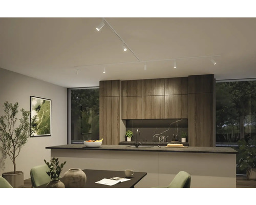 Moderne Küche mit dunklen Holzschränken, Kochinsel und einem weißen Schienensystem mit mehreren Spotlights an der Decke.