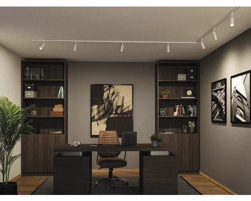 Modernes, organisiertes Arbeitszimmer mit dunklem Schreibtisch, Lederstuhl, hohen Regalen und einem weißen Schienensystem mit Strahlern.