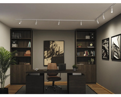 Modernes Arbeitszimmer mit dunklen Holzmöbeln, einem weißen Schienensystem mit mehreren Spots an der Decke und einem Schreibtisch mit Bürostuhl.