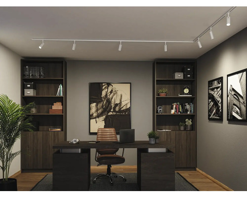 Modernes Büro mit einem Schienensystem und Spotlights an der Decke über einem Schreibtisch aus dunklem Holz.