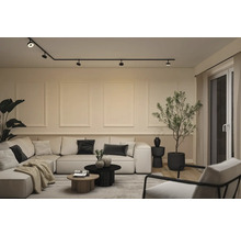 Modernes Wohnzimmer mit großem Sofa, schwarzem Schienensystem an der Decke, Wandleisten, Couchtischen und Zimmerpflanzen.