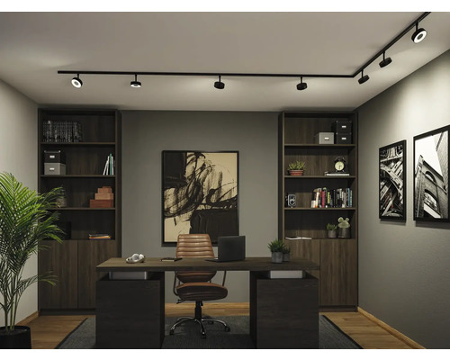 Modernes Heimbüro mit dunklem Schreibtisch aus Holz, Ledersessel, großen Regalen und schwarzem Schienensystem an der Decke.