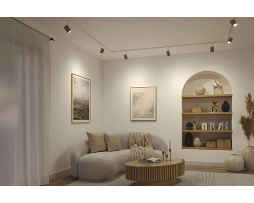 Modernes Wohnzimmer mit weißem Schienensystem an der Decke, hellem Sofa, Holz-Couchtisch und beleuchteter Wandnische mit Regalen.