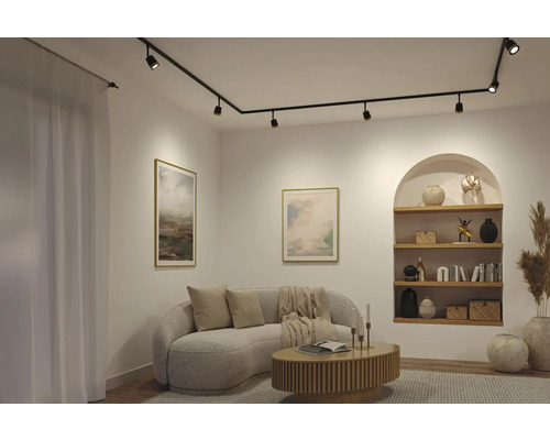Modernes Wohnzimmer mit schwarzem Schienensystem an der Decke, geschwungenem Sofa und hölzernem Couchtisch vor hellen Wänden.