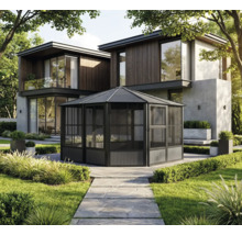 Gartenpavillon vor modernem Wohnhaus mit Gartenanlage