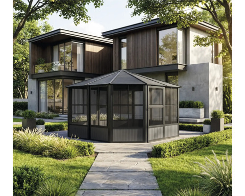 Gartenpavillon vor modernem Wohnhaus mit Gartenanlage