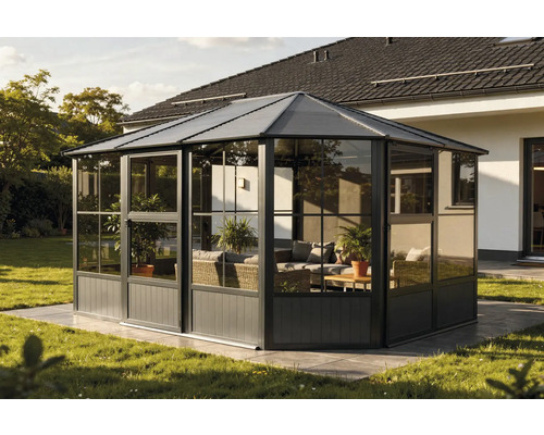 Freistehender Pavillon mit Glaswänden und Gartenmöbeln auf einer Rasenfläche.