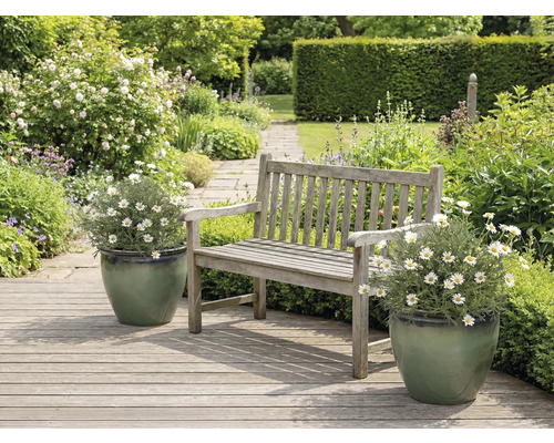 Gartenlandschaft mit Holzbänken und Margeriten in Pflanzgefäßen.