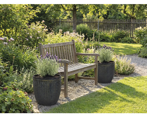 Gartenlandschaft mit Holzbank und Pflanzen in strukturierten Pflanzgefäßen