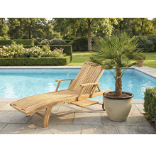 Holzliege neben einem Schwimmbecken und einer Palme im Topf