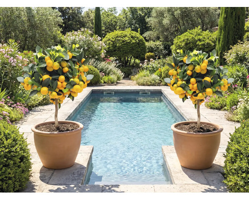Zwei Zitronenbäumchen in Tontöpfen neben einem Pool in einem Garten.