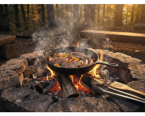 Bratpfanne auf offenem Feuer mit Steaks, Wurst und Gemüse im Wald