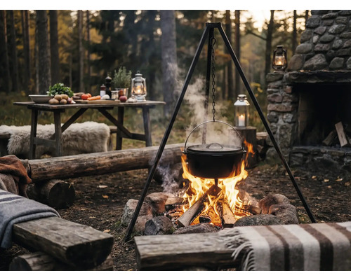 Szene im Freien mit Dreibein, Kochtopf über dem Lagerfeuer und Tisch mit Zutaten