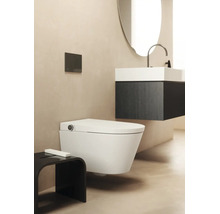 Modernes Badezimmer mit einer weißen Wand-Dusch-Toilette, einer dunklen Betätigungsplatte und einem hängenden Waschtisch mit weißem Becken.