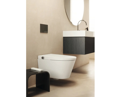 Modernes Badezimmer mit einer weißen Wand-Dusch-Toilette, einer dunklen Betätigungsplatte und einem hängenden Waschtisch mit weißem Becken.