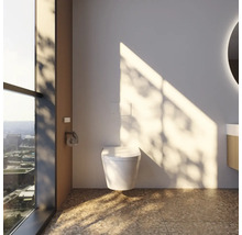 Modernes Badezimmer mit einem weißen, wandhängenden, spülrandlosen WC, großem Fenster mit Stadtblick und natürlichem Lichteinfall.