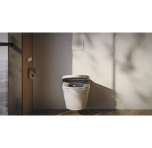 Modernes, wandhängendes Dusch-WC in einem hellen Badezimmer mit Betätigungsplatte und Toilettenpapierhalter.