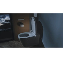 Modernes wandhängendes Dusch-WC mit geöffnetem Deckel in einem Badezimmer.