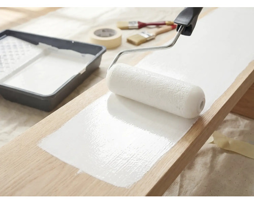 Holzbrett wird mit Farbroller und weißer Farbe gestrichen, Farbwanne, Pinsel und Abdeckband liegen bereit.