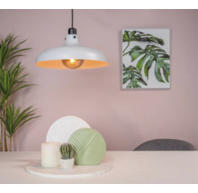 Szene mit Pendelleuchte, Tischdekoration und Pflanzenbild an der Wand