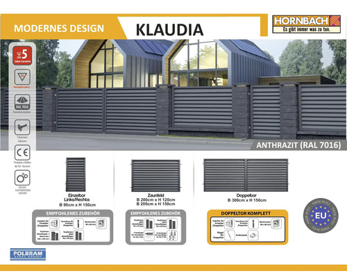 Zaunsystem Klaudia in Anthrazit RAL 7016 vor modernem Haus, bestehend aus Zaunfeldern, Einzeltor und Doppeltor mit horizontalen Lamellen.