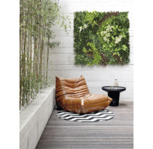 Szene mit einem Sessel, einem Tisch, einem runden Teppich und einem grünen Wandpaneel auf einer Terrasse