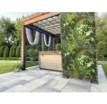 Szene mit Whirlpool unter einer Pergola und einer vertikalen Gartenwand