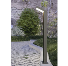 Moderne, schlanke Wegeleuchte mit geneigtem Lichtkopf an einem gepflasterten Gartenweg neben einer Rasenfläche und Pflanzen.