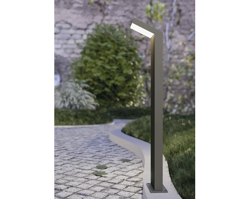 Moderne, schlanke Wegeleuchte mit geneigtem Lichtkopf an einem gepflasterten Gartenweg neben einer Rasenfläche und Pflanzen.