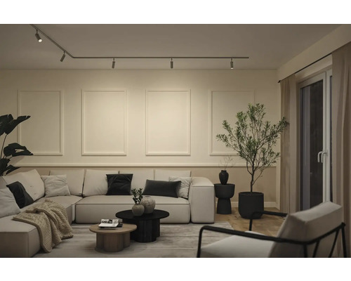 Modernes helles Wohnzimmer mit großem Ecksofa, Deckenschienensystem, dekorativen Wandleisten im Rahmendesign und einer großen Zimmerpflanze.