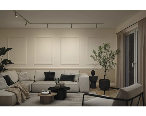 Modernes Wohnzimmer mit hellem Ecksofa, Schienensystem mit Spots an der Decke und dekorativer Wandgestaltung mit Rahmenleisten.