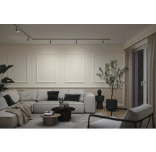 Helles Wohnzimmer mit weißem Ecksofa, Schienensystem mit Strahlern, vier Wandpaneelen, Zimmerpflanze und modernen Möbeln.