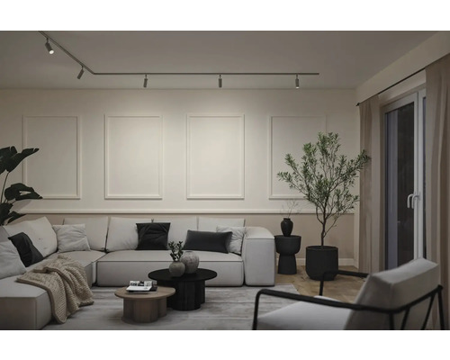 Helles Wohnzimmer mit weißem Ecksofa, Schienensystem mit Strahlern, vier Wandpaneelen, Zimmerpflanze und modernen Möbeln.
